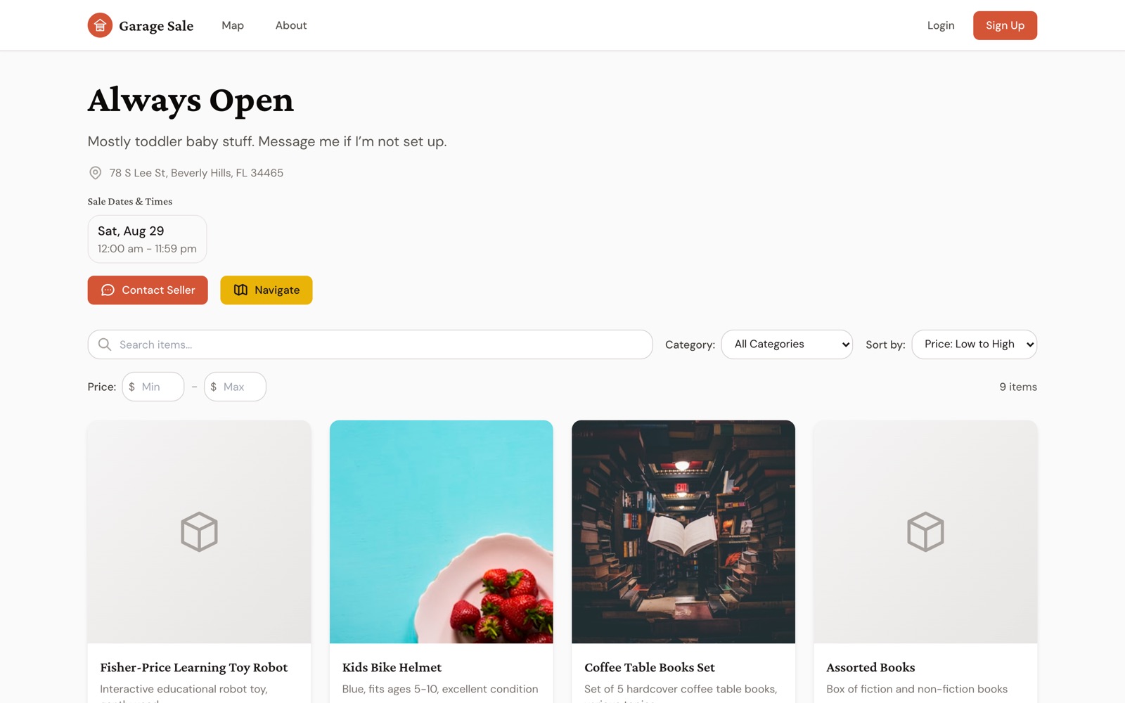 Sale page with address, hours and directions