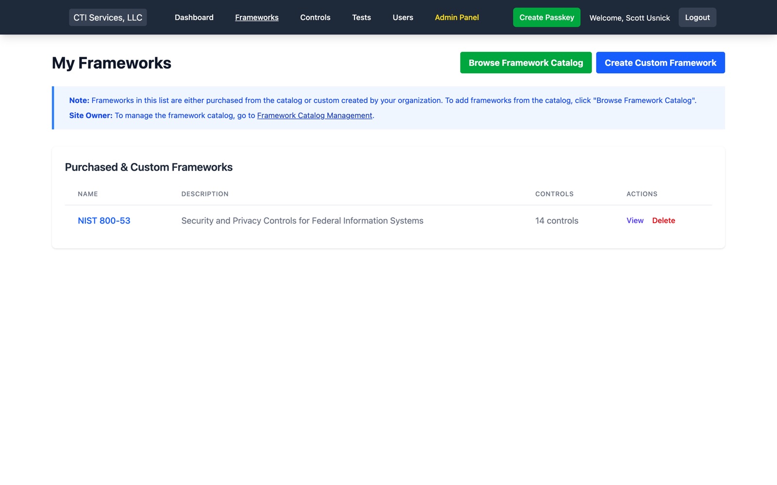Framework catalog and custom frameworks