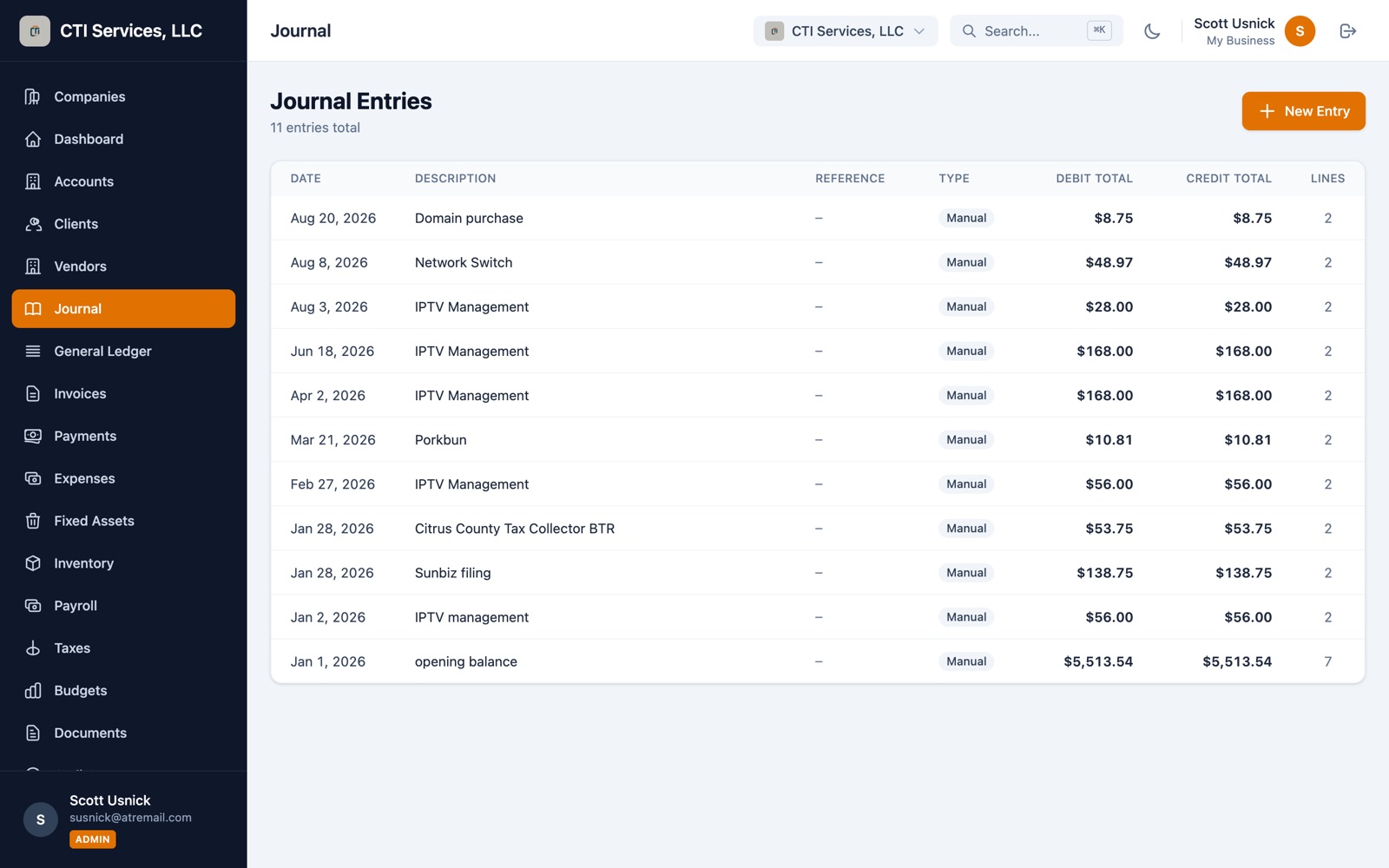 Double-entry journal with balanced totals