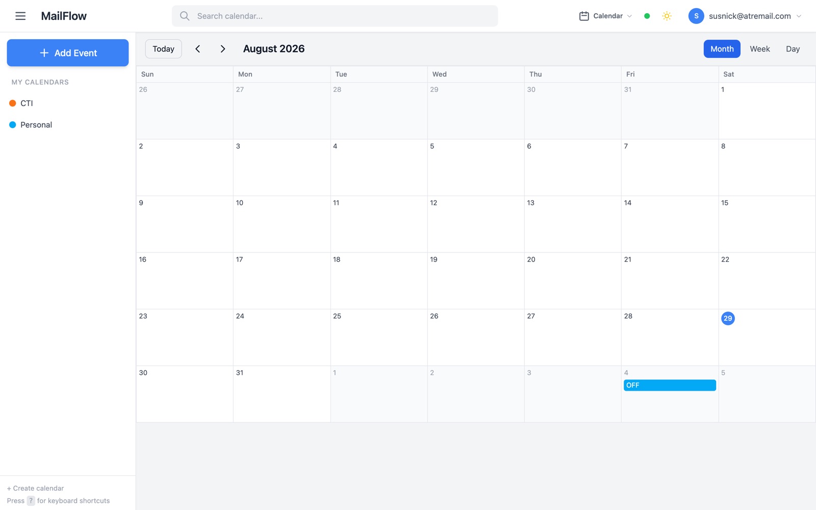 MailFlow calendar — shared calendars alongside your mail