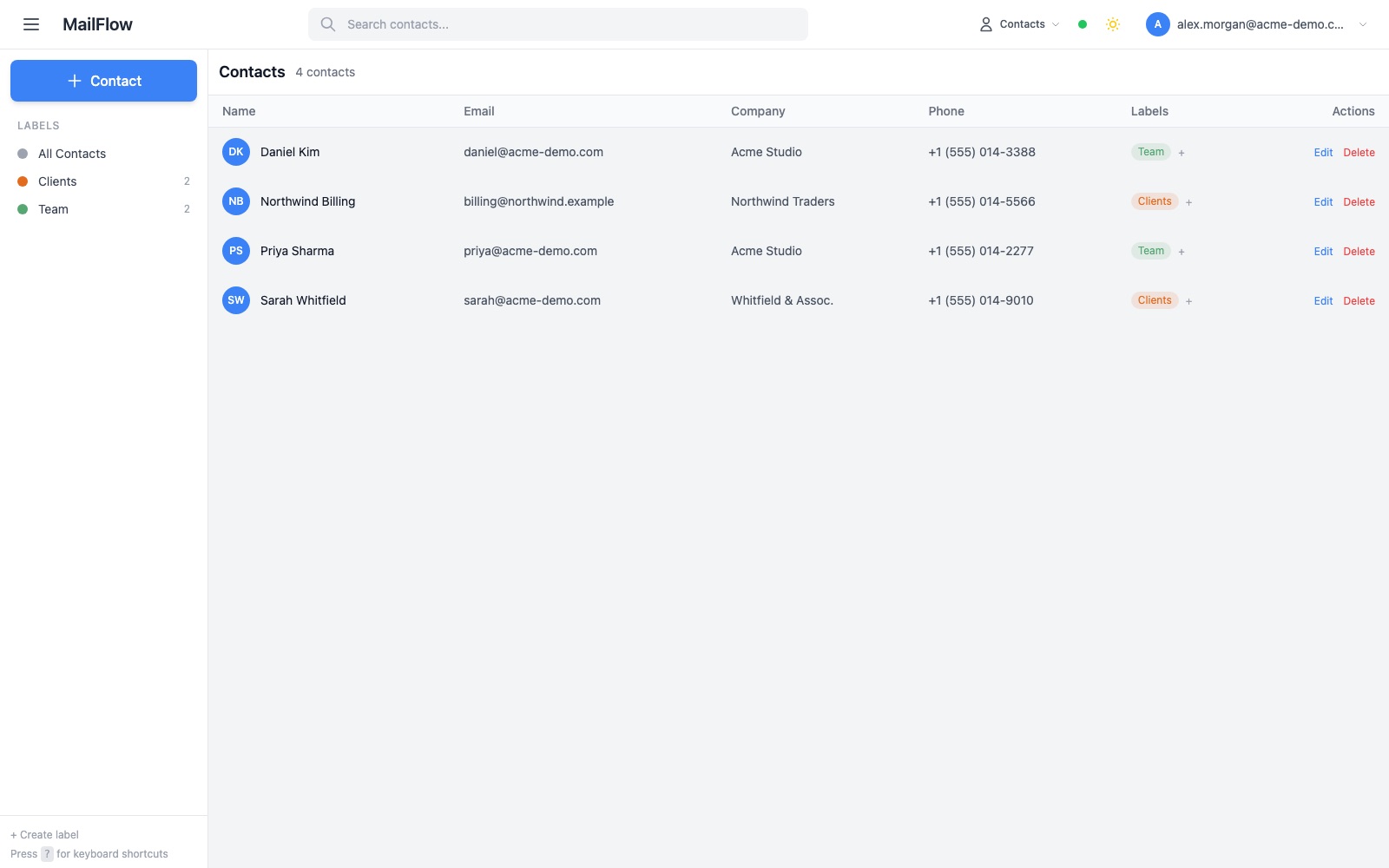 Contacts with labels for team and clients