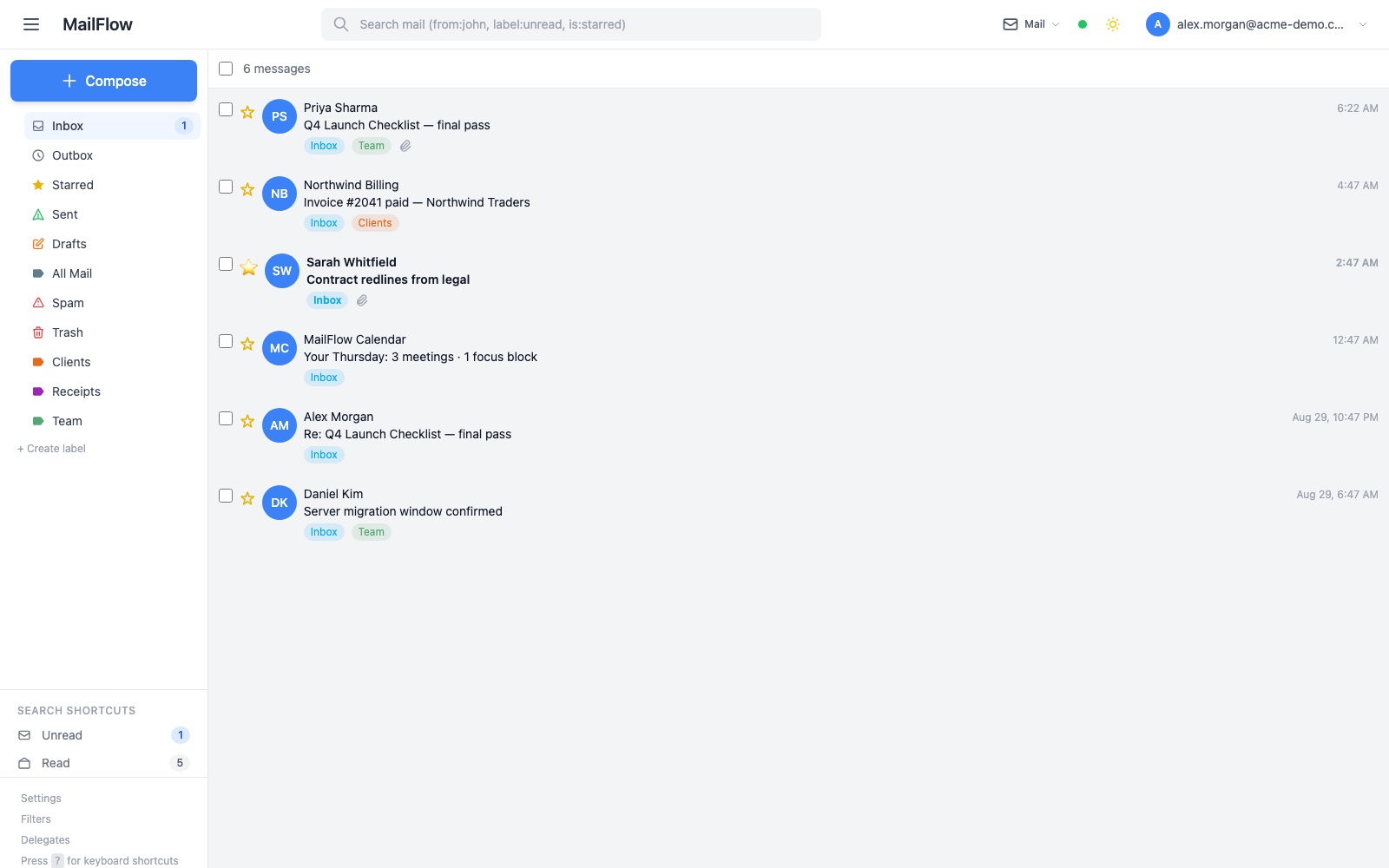 MailFlow inbox — labels, unread counts, and a message list fed by your existing IMAP server