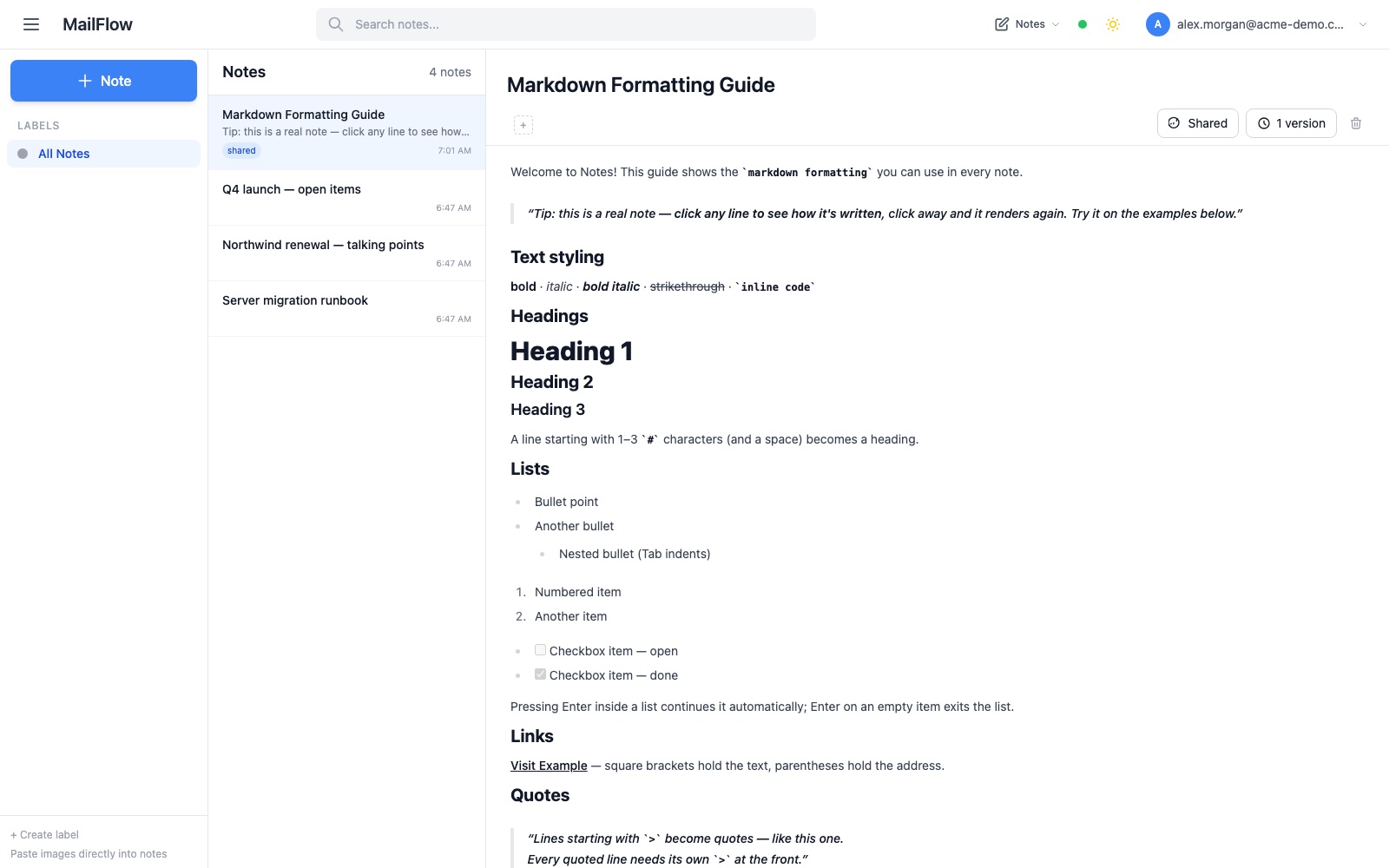 Notes with Markdown, version history, and sharing