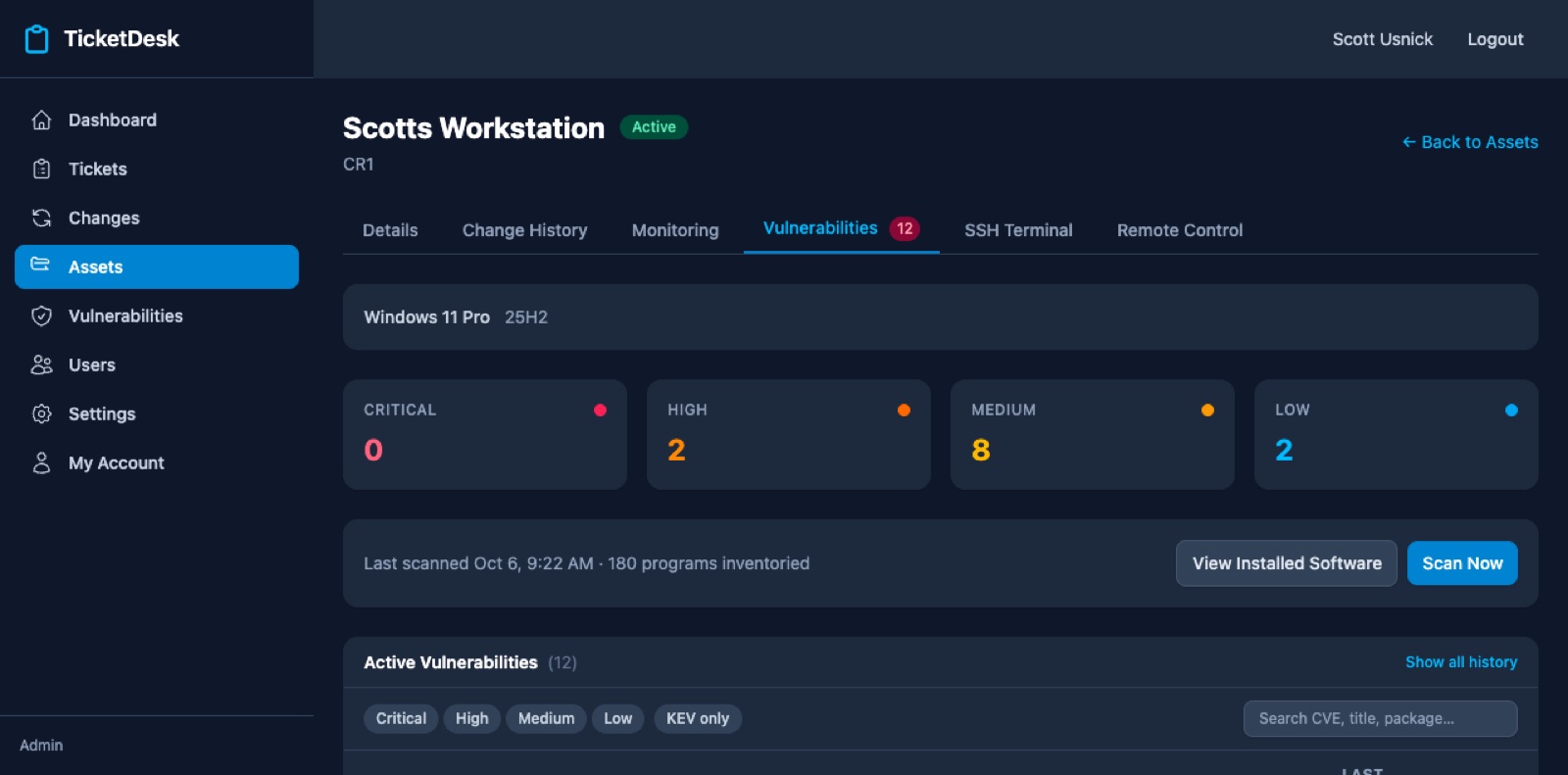 Vulnerability scan results by severity with CVE details