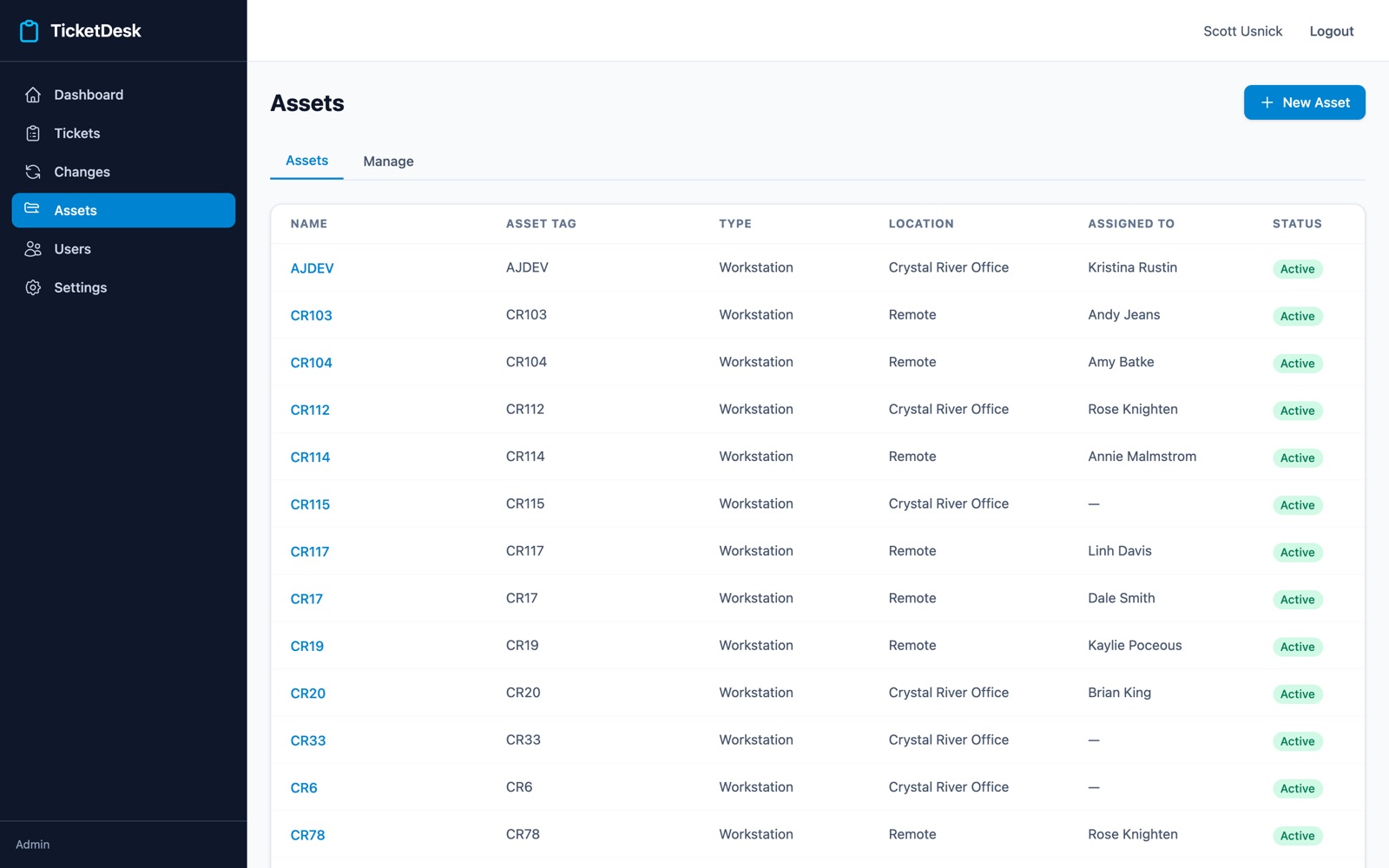 Asset inventory with assignments and status