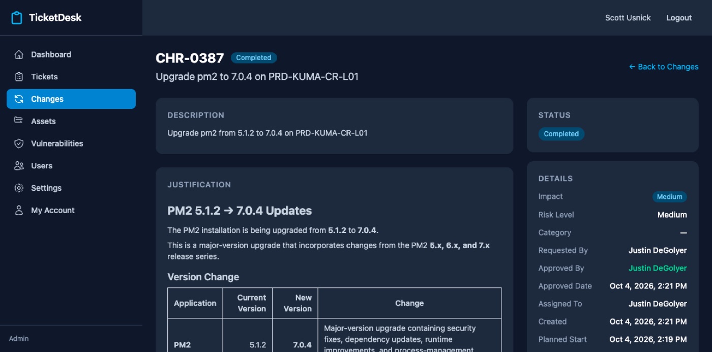 Change request with impact, risk and approve or reject workflow