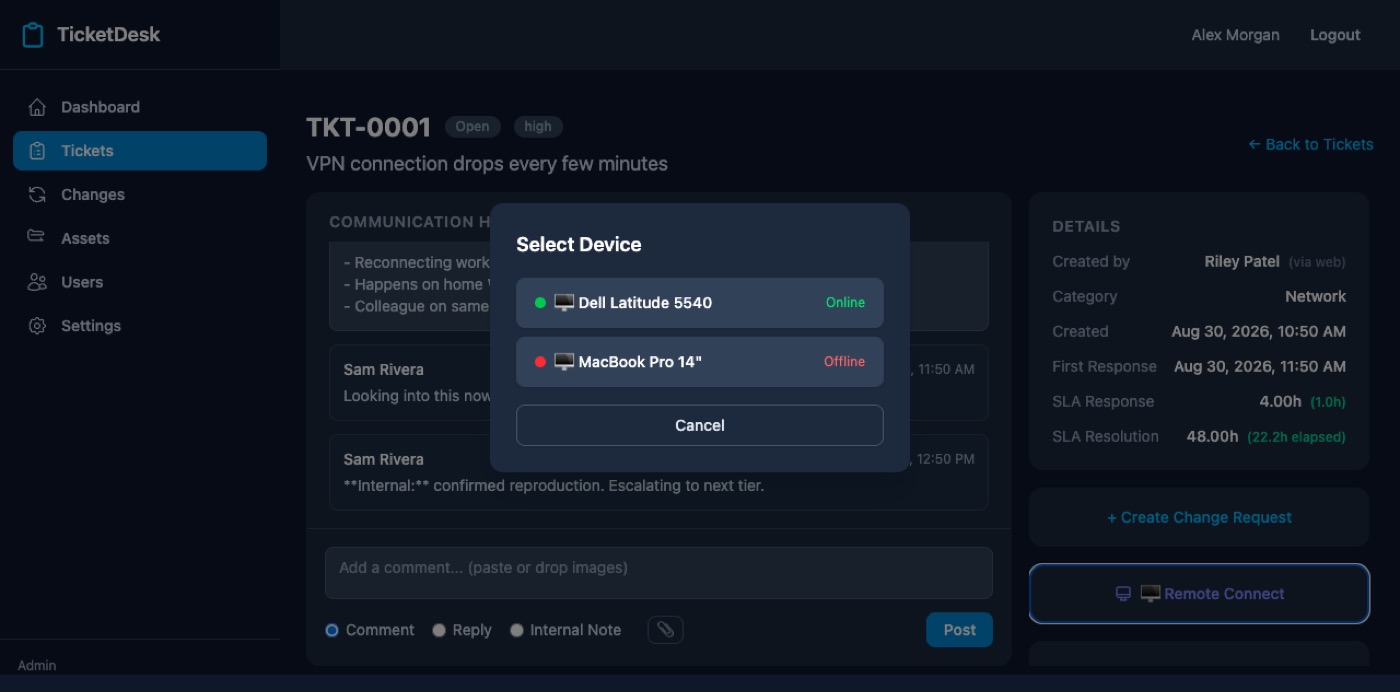 Device picker showing the requester's machines with live online status