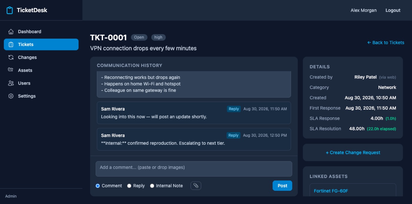 Ticket view with the Remote Connect button for the requester's machine