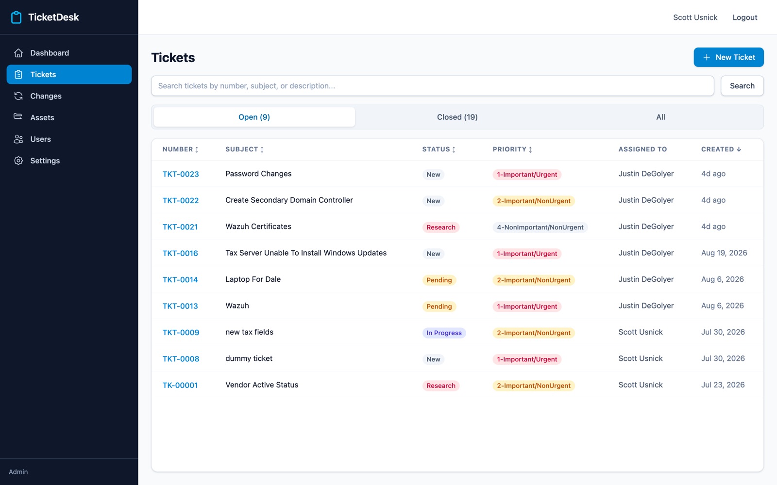 Ticket queue with statuses and priorities